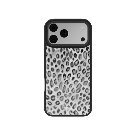 Silver Leopard Print iPhone Case with glossy animal pattern and black bumper edges, designed for a bold, modern aesthetic.