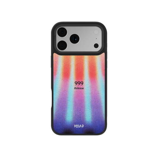 Angel Number 999 iPhone Case with retro gradient design in orange, blue, and purple tones, featuring 'Release' text for spiritual aesthetic.