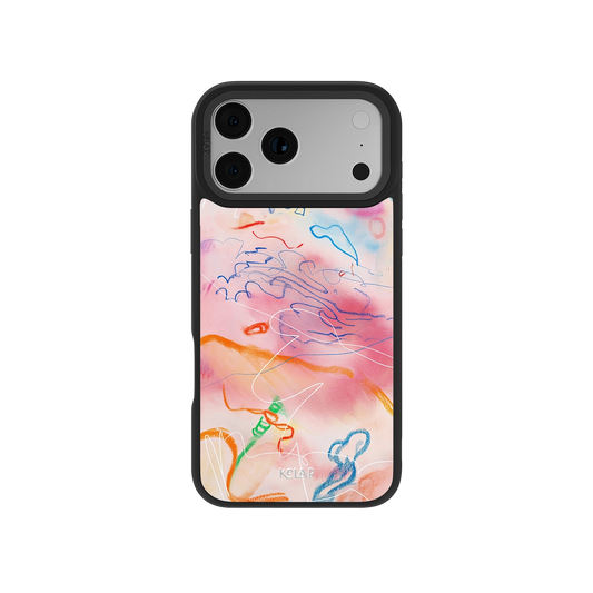 Scribble Marker Art iPhone Case with abstract crayon textures and watercolor gradient background in kidcore aesthetic, shown on phone back.
