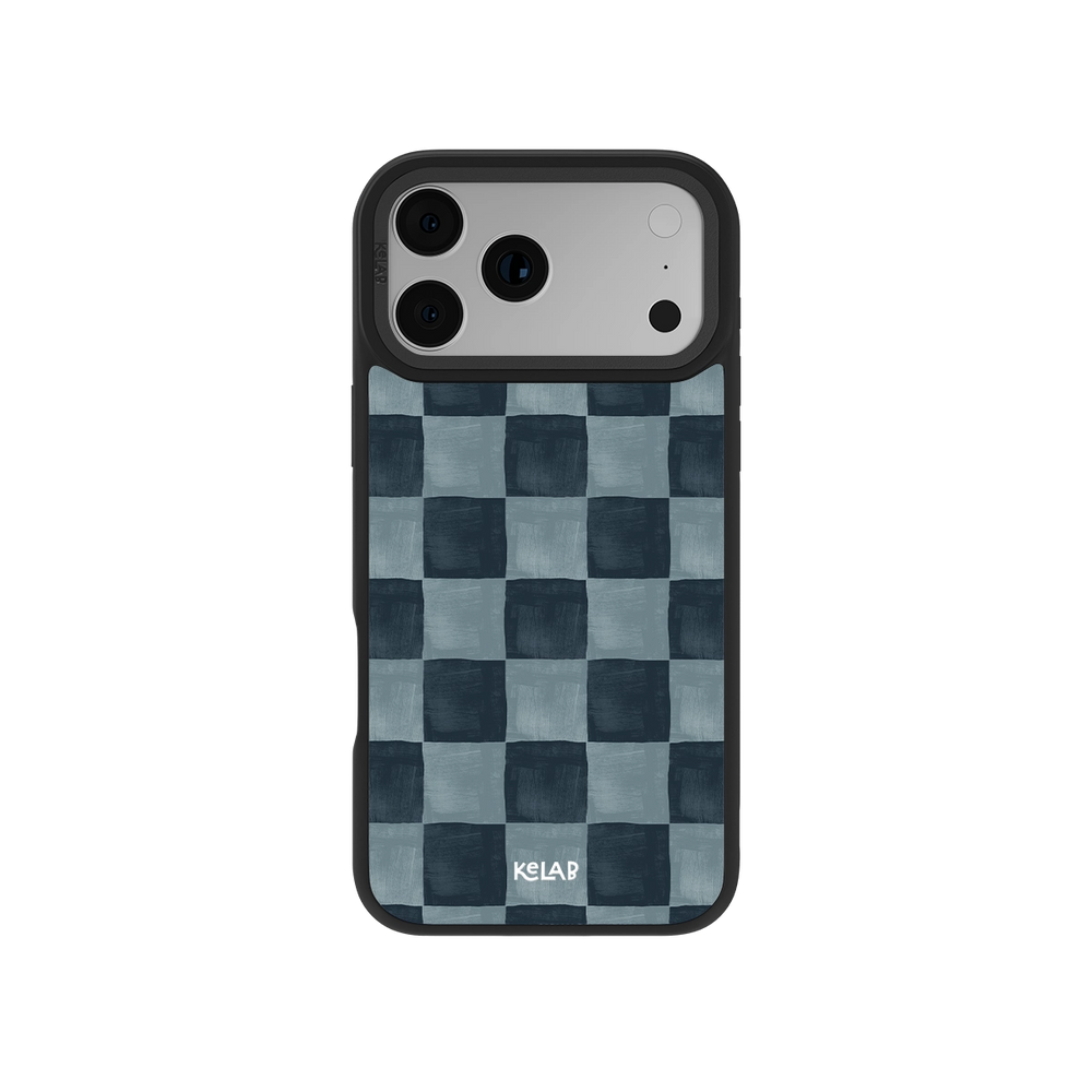 Blue checkered iPhone case with MagSafe, anti-slip texture, and drop protection edges.