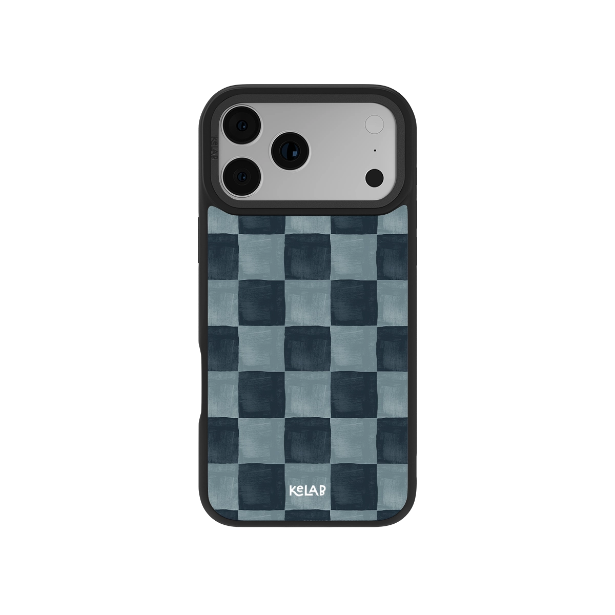Blue checkered iPhone case with MagSafe, anti-slip texture, and drop protection edges.