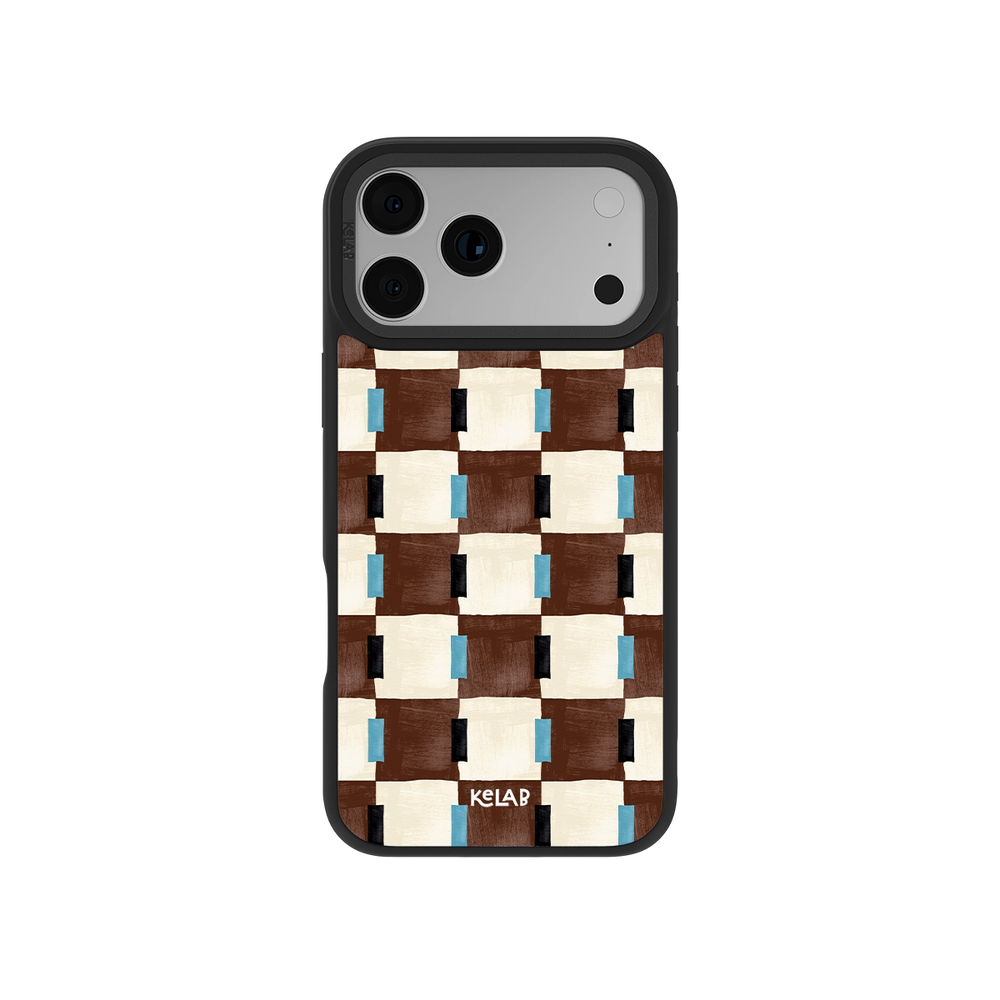 Brown and cream patterned phone case with blue accents, designed for durability and style.