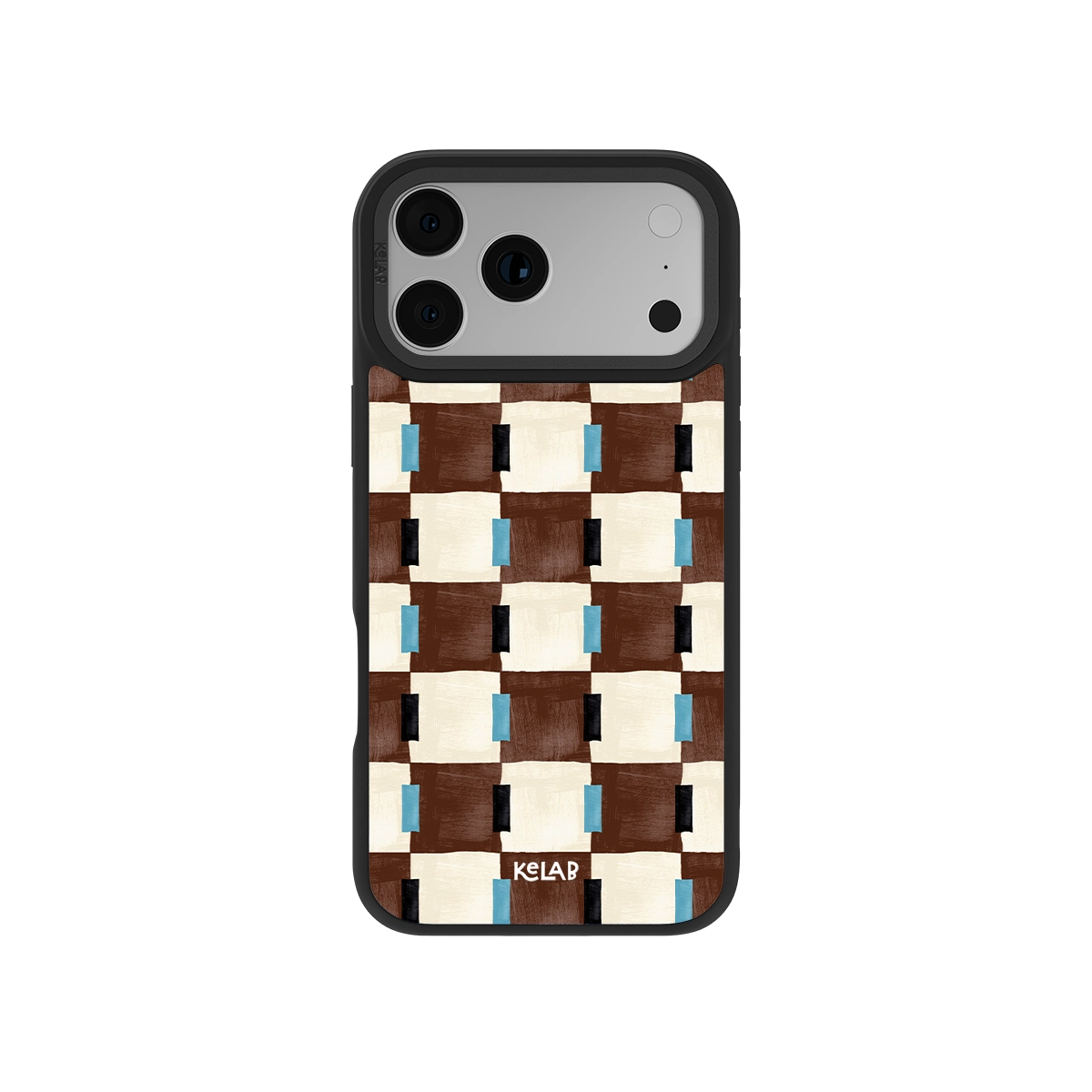 Brown and cream patterned phone case with blue accents, designed for durability and style.