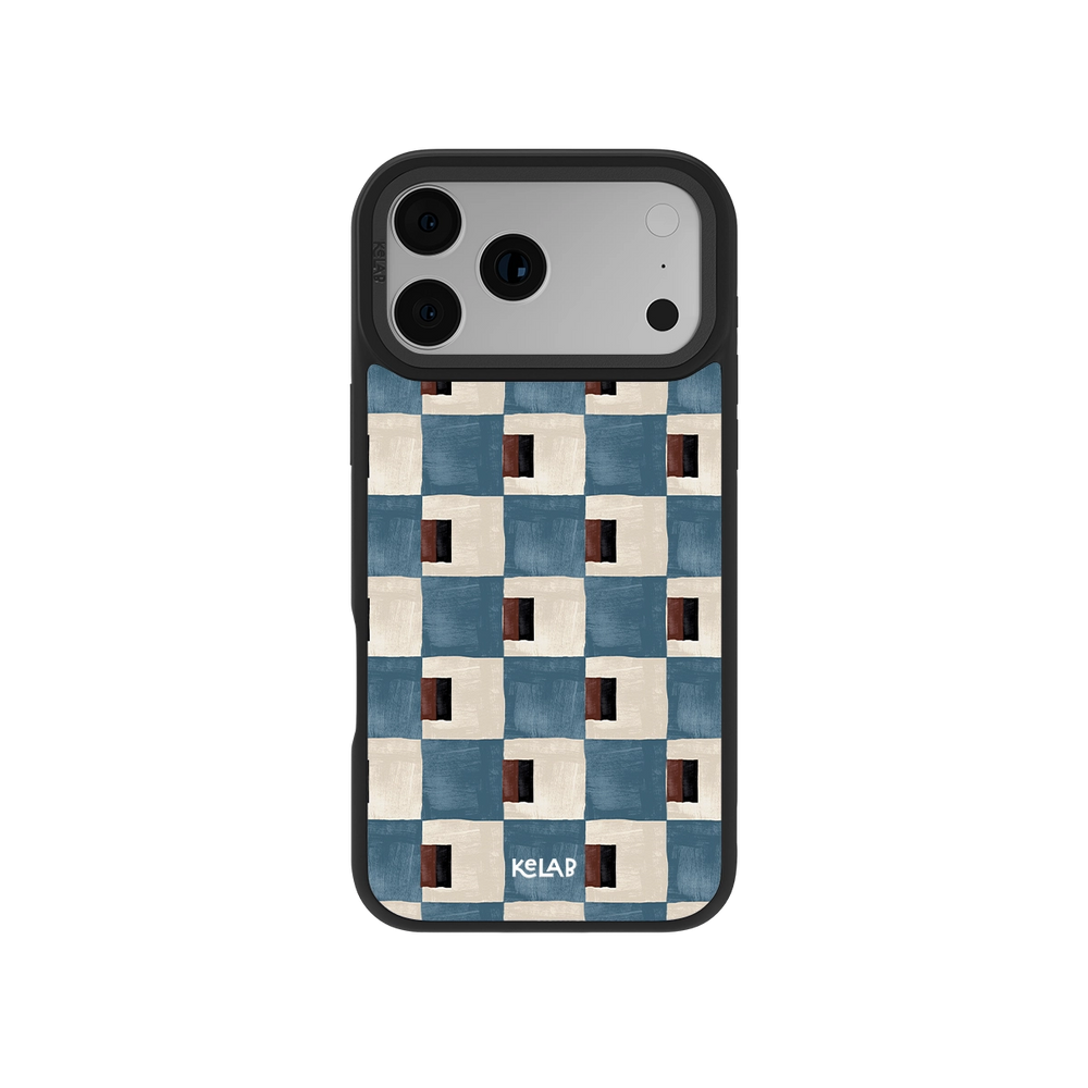 Colorful patterned phone case featuring blue, beige, and brown geometric design, durable protective material.