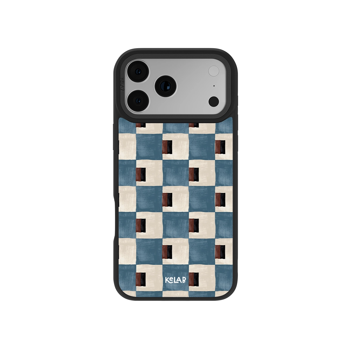 Colorful patterned phone case featuring blue, beige, and brown geometric design, durable protective material.