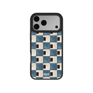 Colorful patterned phone case featuring blue, beige, and brown geometric design, durable protective material.