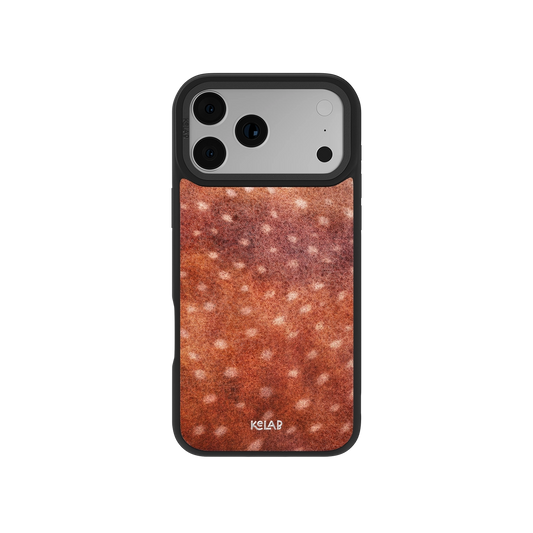 Warm russet fawn case with burnt orange animal print design for iPhone. Features a sleek, earth tone aesthetic and durable black frame.