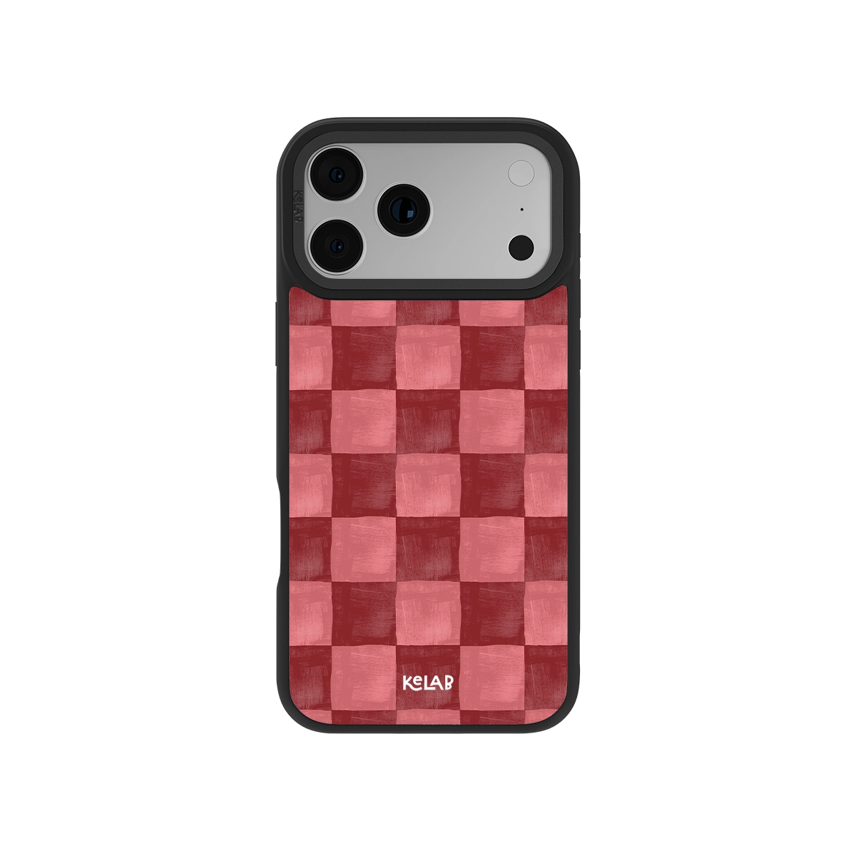 Red checkered iPhone case with MagSafe, textured anti-slip surface, and drop protection edges.