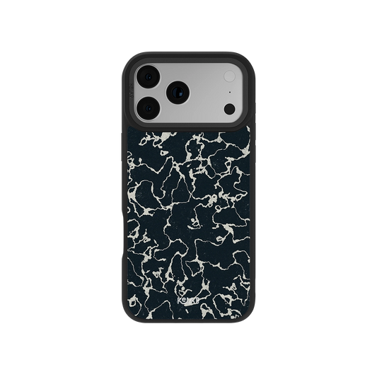 Abstract Black Marble iPhone Case by KELAB featuring a high-contrast white vein pattern on a dark background. Sleek design fits modern aesthetics.