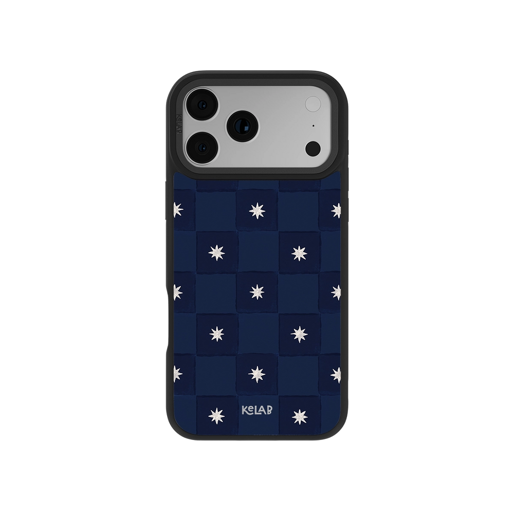 Navy Checkered iPhone Case with Celestial Design featuring white vintage stars on a deep indigo grid, perfect for dark academia and nautical styles.