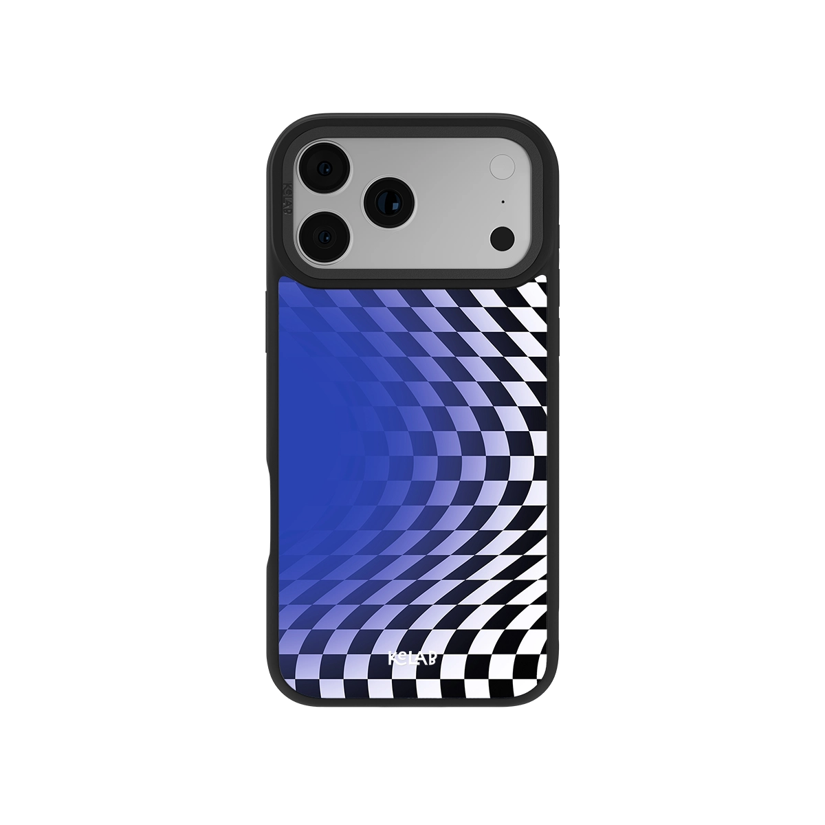 Vibrant blue and black checker pattern phone case for iPhone, durable and stylish.