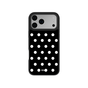 Black polka dot phone case for iPhone, sleek design, durable material, stylish protection.
