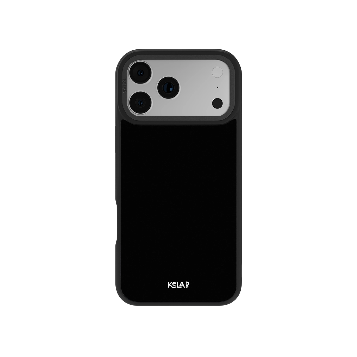 Black phone case for iPhone with KELAB logo, slim design, durable material, and precise camera cutouts.