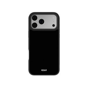 Black phone case for iPhone with KELAB logo, slim design, durable material, and precise camera cutouts.