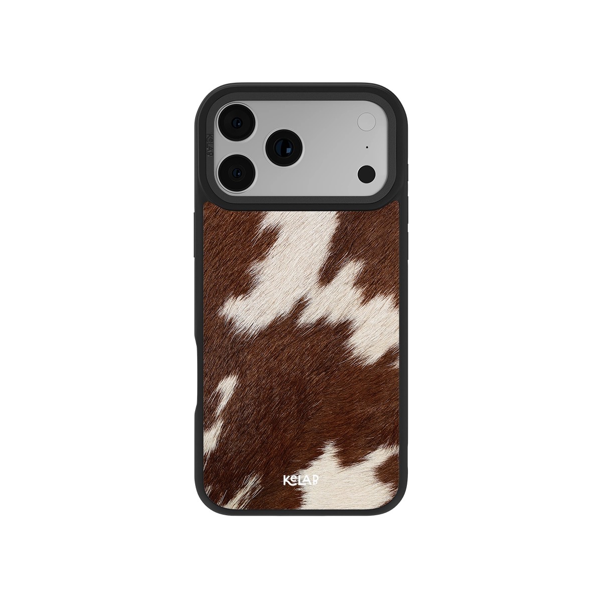 Brown and white cowhide phone case for iPhone, sleek design with durable black edges.