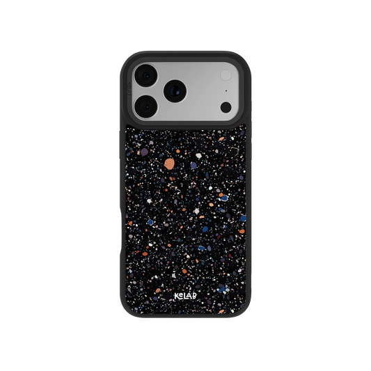 Black speckled iPhone case with vibrant colorful dots, durable material for protection.