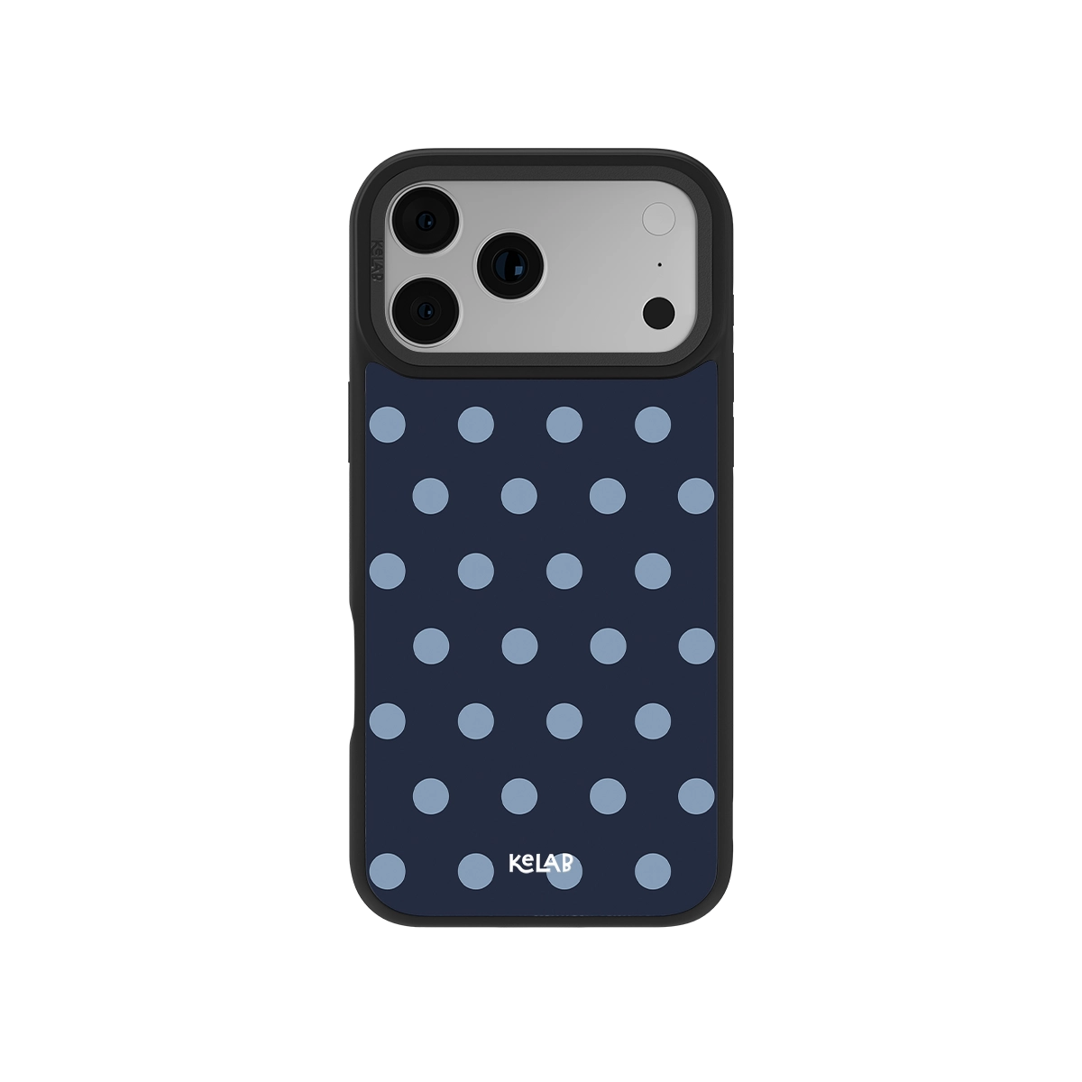 Navy blue polka dot phone case for iPhone, durable material with stylish design.
