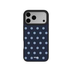 Navy blue polka dot phone case for iPhone, durable material with stylish design.