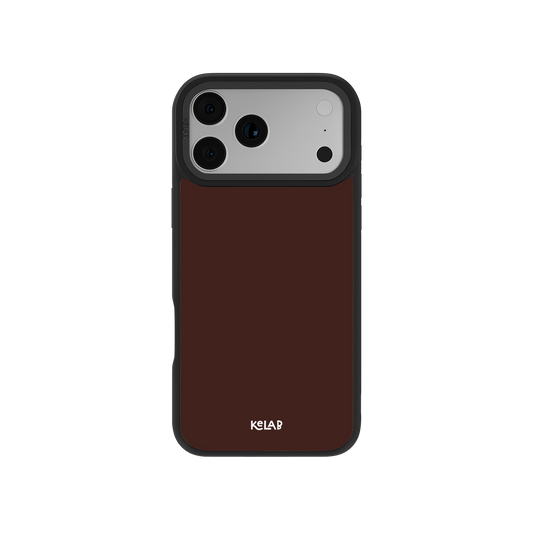 Brown phone case for iPhone with black edges, made of durable material, featuring a sleek design.