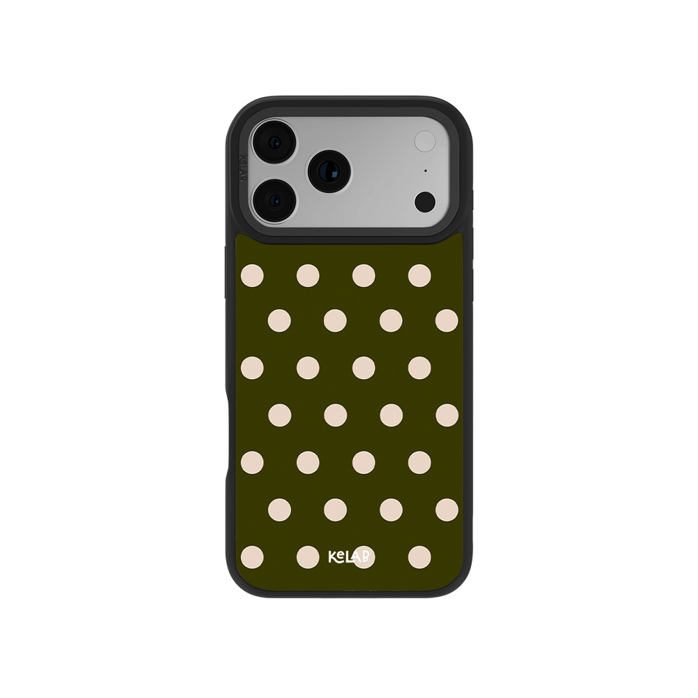 Olive green polka dot iPhone case made from durable material for stylish protection.