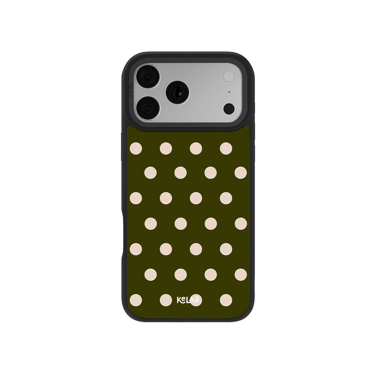 Olive green polka dot iPhone case made from durable material for stylish protection.