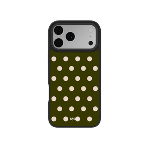 Olive green polka dot iPhone case made from durable material for stylish protection.
