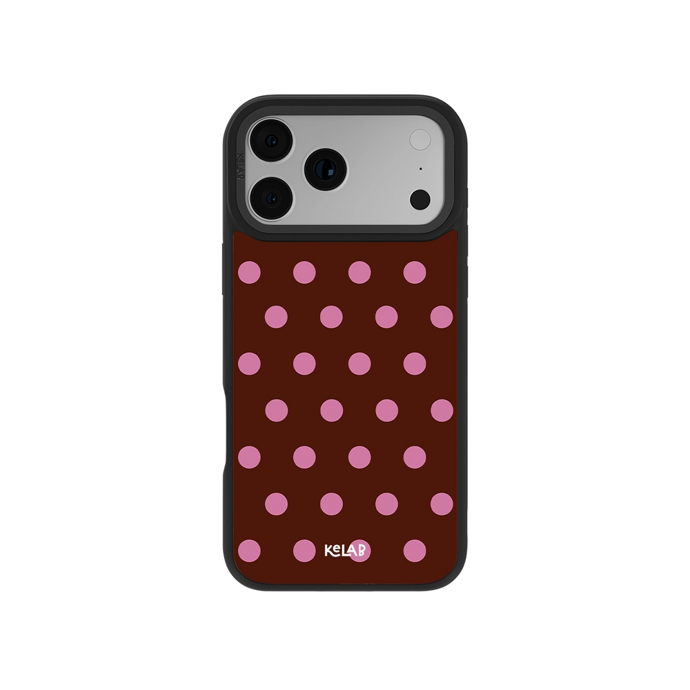 Brown polka dot phone case with pink spots, durable design for iPhone, ideal for stylish protection.