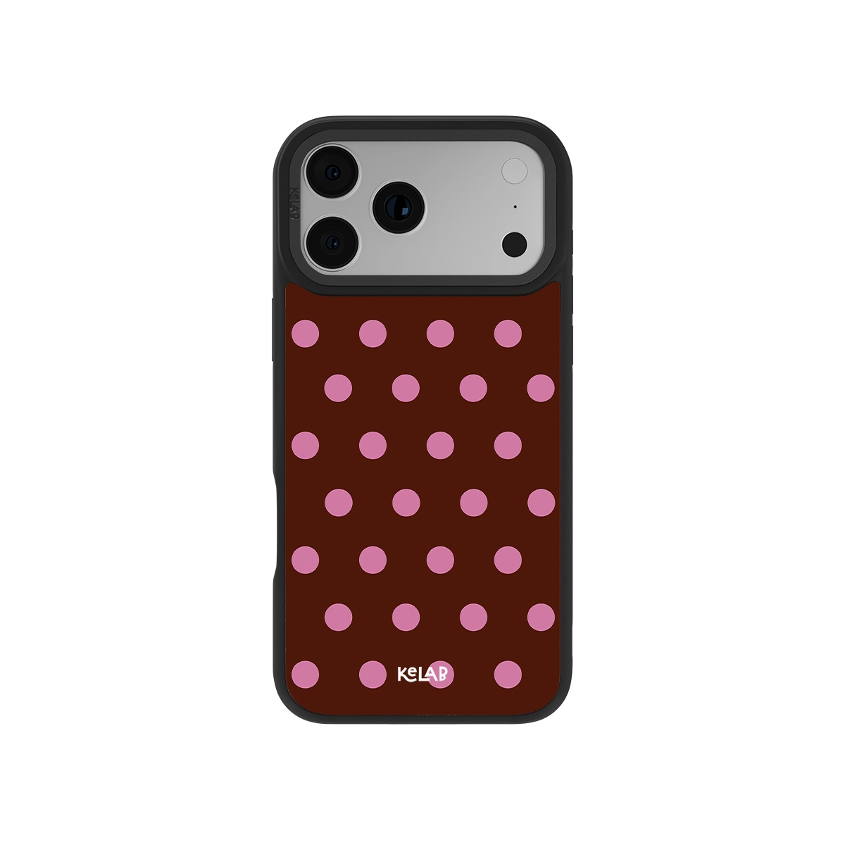 Brown polka dot phone case with pink spots, durable design for iPhone, ideal for stylish protection.