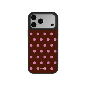 Brown polka dot phone case with pink spots, durable design for iPhone, ideal for stylish protection.