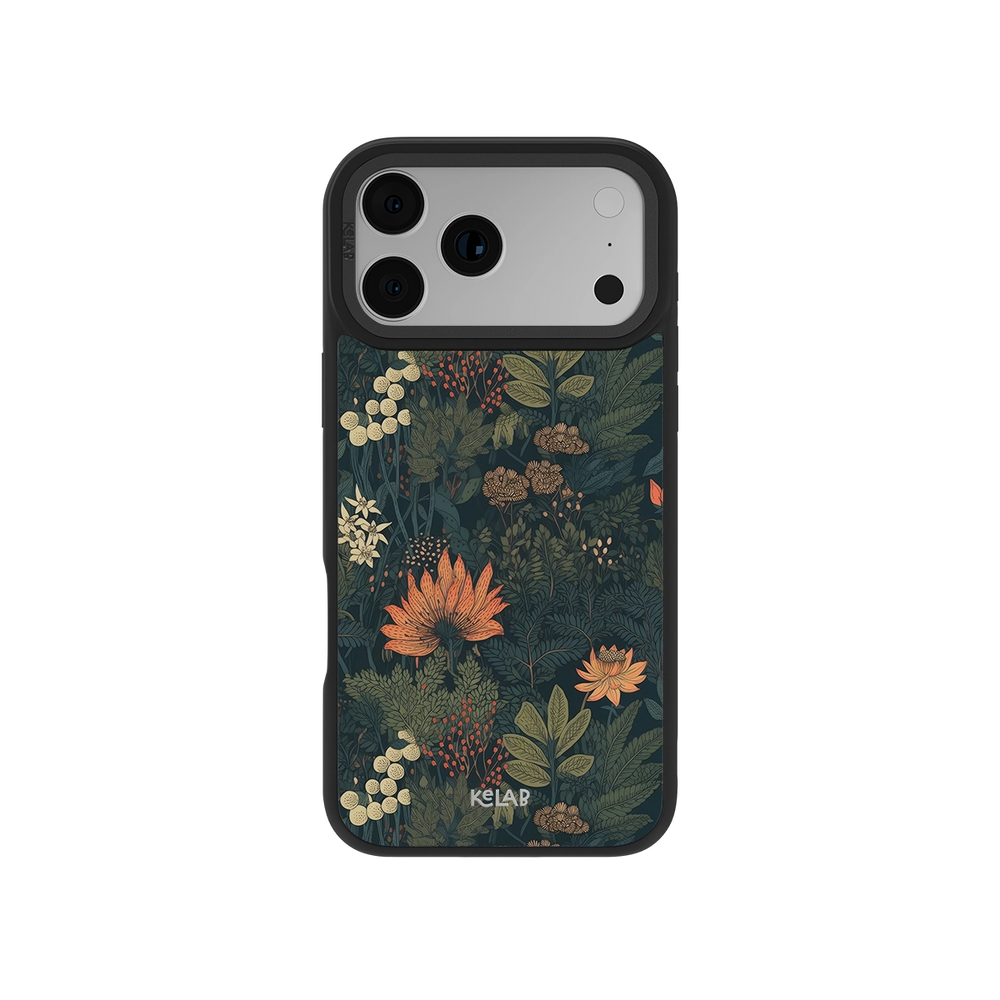 Elderberry Enchantment classic phone case by KELAB features a dark academia floral design with autumnal flowers and green foliage on a denim-inspired background.