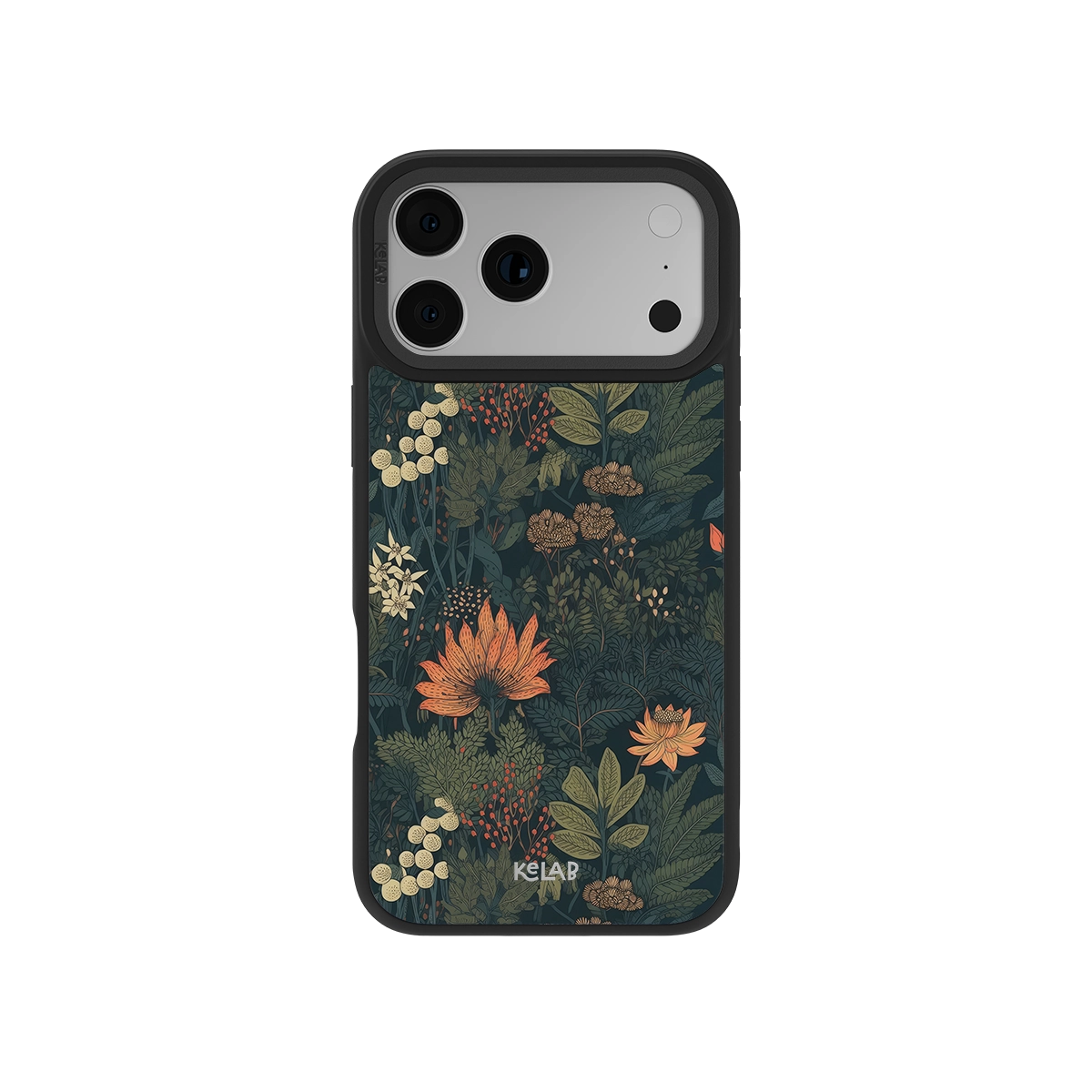 Elderberry Enchantment classic phone case by KELAB features a dark academia floral design with autumnal flowers and green foliage on a denim-inspired background.