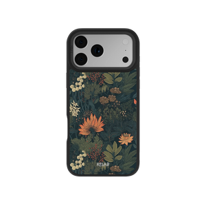 Elderberry Enchantment classic phone case by KELAB features a dark academia floral design with autumnal flowers and green foliage on a denim-inspired background.