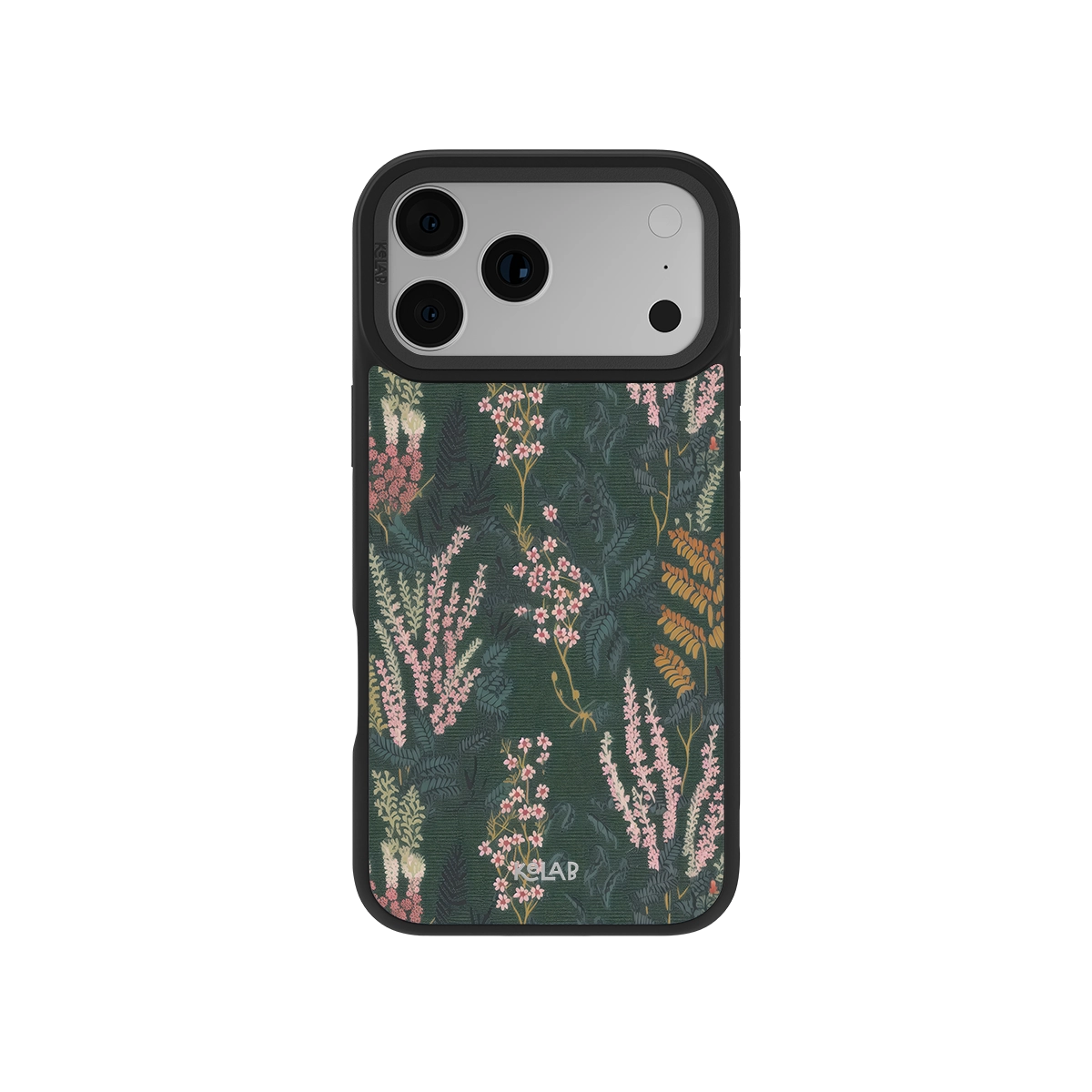 Heather & Hearth Dark Academia Floral Phone Case by KELAB features a moody denim tree pattern with pink and green florals, fits iPhone 11–17 models.