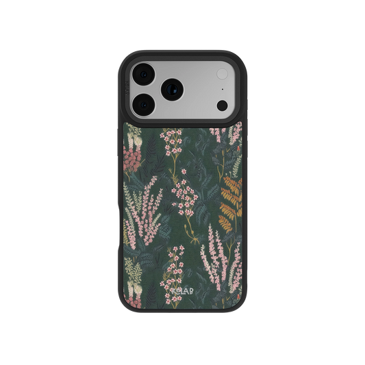 Heather & Hearth Dark Academia Floral Phone Case by KELAB features a moody denim tree pattern with pink and green florals, fits iPhone 11–17 models.