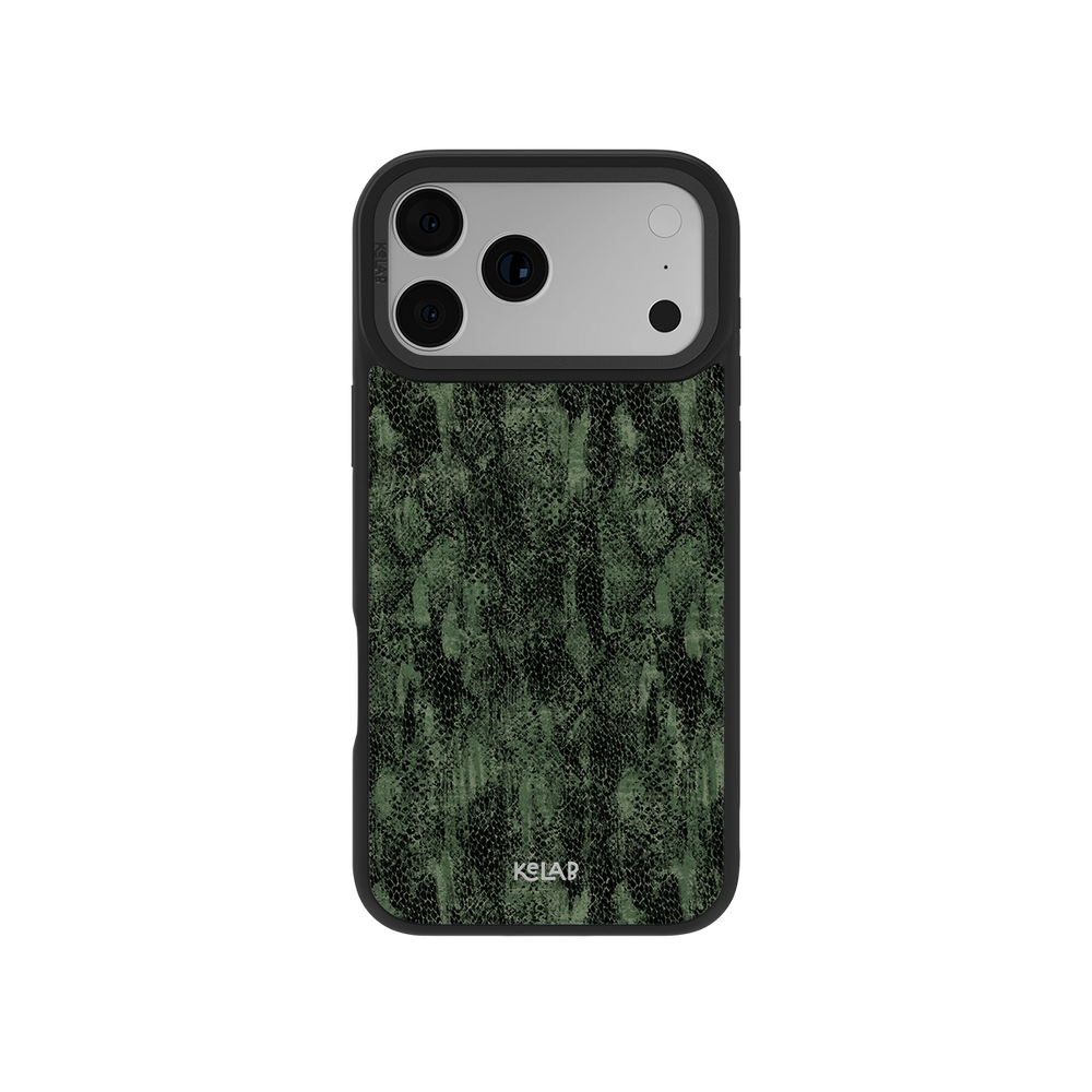 Emerald Python textured olive snakeskin phone case by KELAB with a rugged green pattern, designed for iPhone 11 to 17 models.
