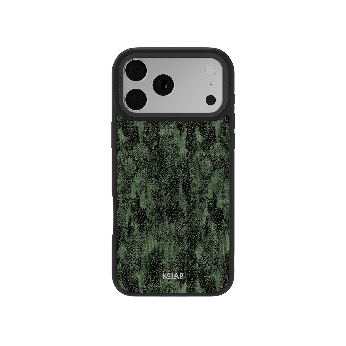 Emerald Python textured olive snakeskin phone case by KELAB with a rugged green pattern, designed for iPhone 11 to 17 models.