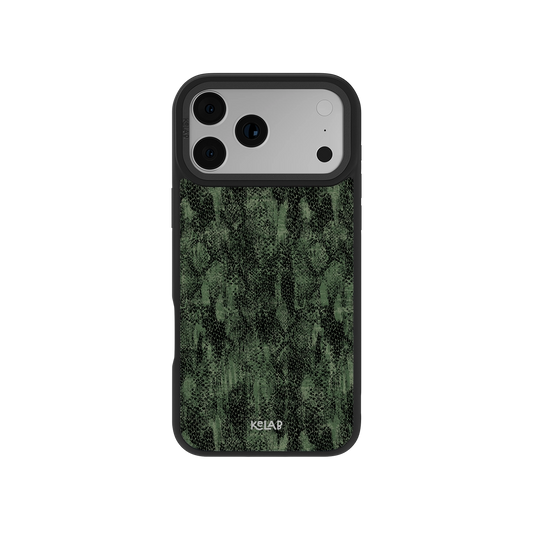 Emerald Python textured olive snakeskin phone case by KELAB with a rugged green pattern, designed for iPhone 11 to 17 models.