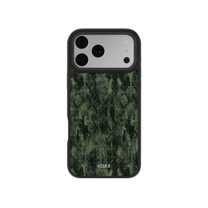 Emerald Python textured olive snakeskin phone case by KELAB with a rugged green pattern, designed for iPhone 11 to 17 models.