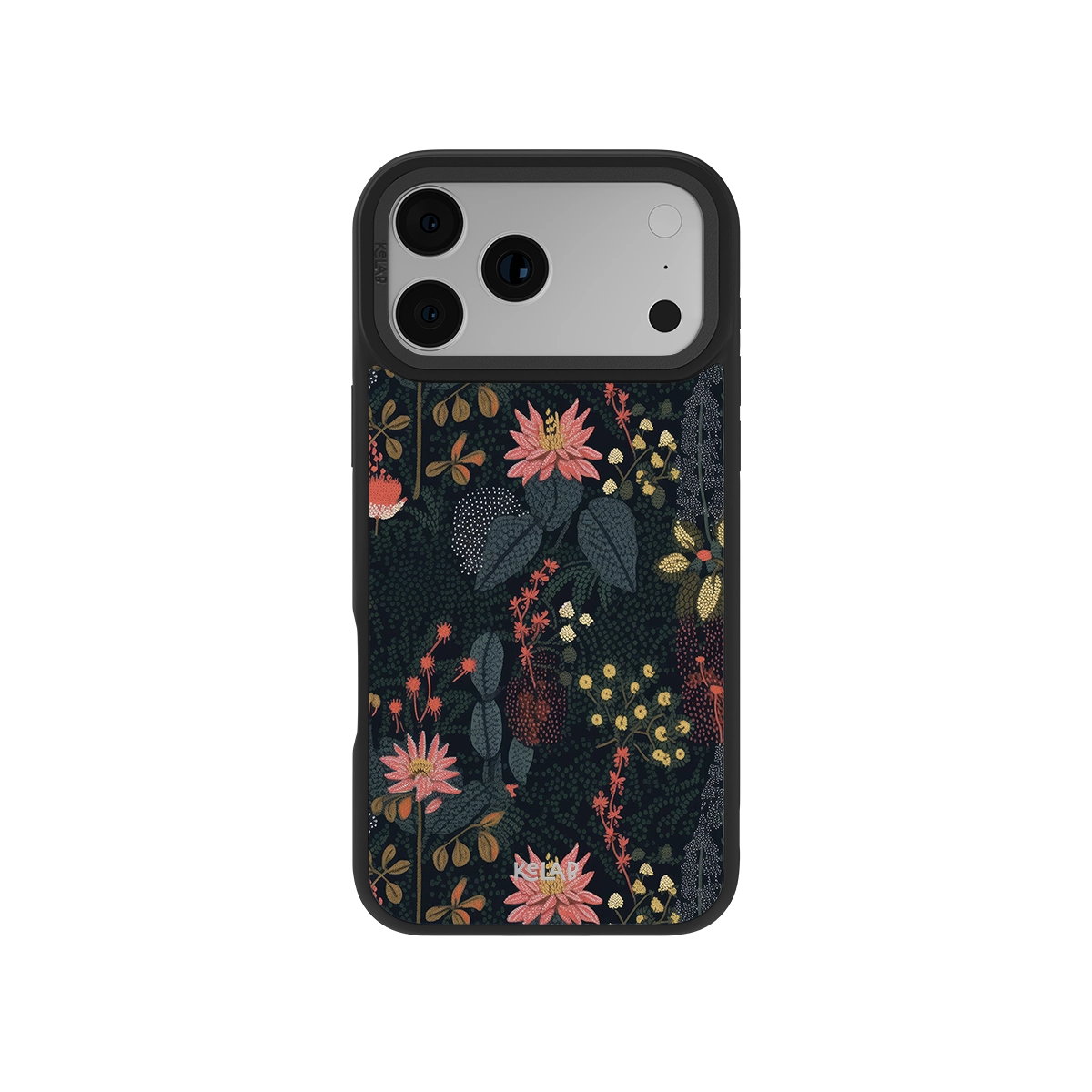 Starlit Botanica Dark Academia floral phone case by KELAB features a denim-inspired background with embroidered-style pink and red flowers. Designed for iPhone 11 to 17, this classic phone case blends vintage charm with modern protection.