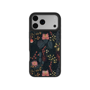 Starlit Botanica Dark Academia floral phone case by KELAB features a denim-inspired background with embroidered-style pink and red flowers. Designed for iPhone 11 to 17, this classic phone case blends vintage charm with modern protection.