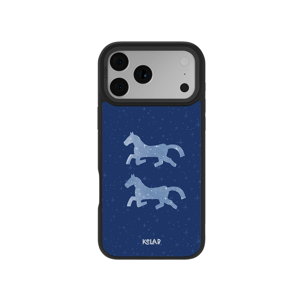 Pegasus Night blue horse phone case with white celestial horse illustrations on a starry navy background. Classic phone case for a mystical look.