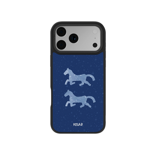Pegasus Night blue horse phone case with white celestial horse illustrations on a starry navy background. Classic phone case for a mystical look.