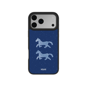 Pegasus Night blue horse phone case with white celestial horse illustrations on a starry navy background. Classic phone case for a mystical look.