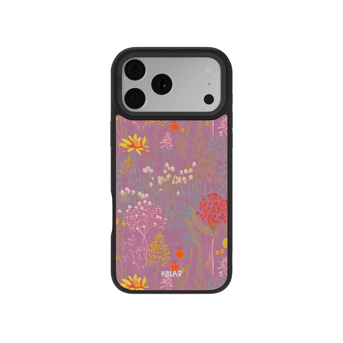 Dusty Pink Wildflower Meadow iPhone Case with orange, cream, and yellow floral sketches on a muted pink background, designed for a classic phone case fit.