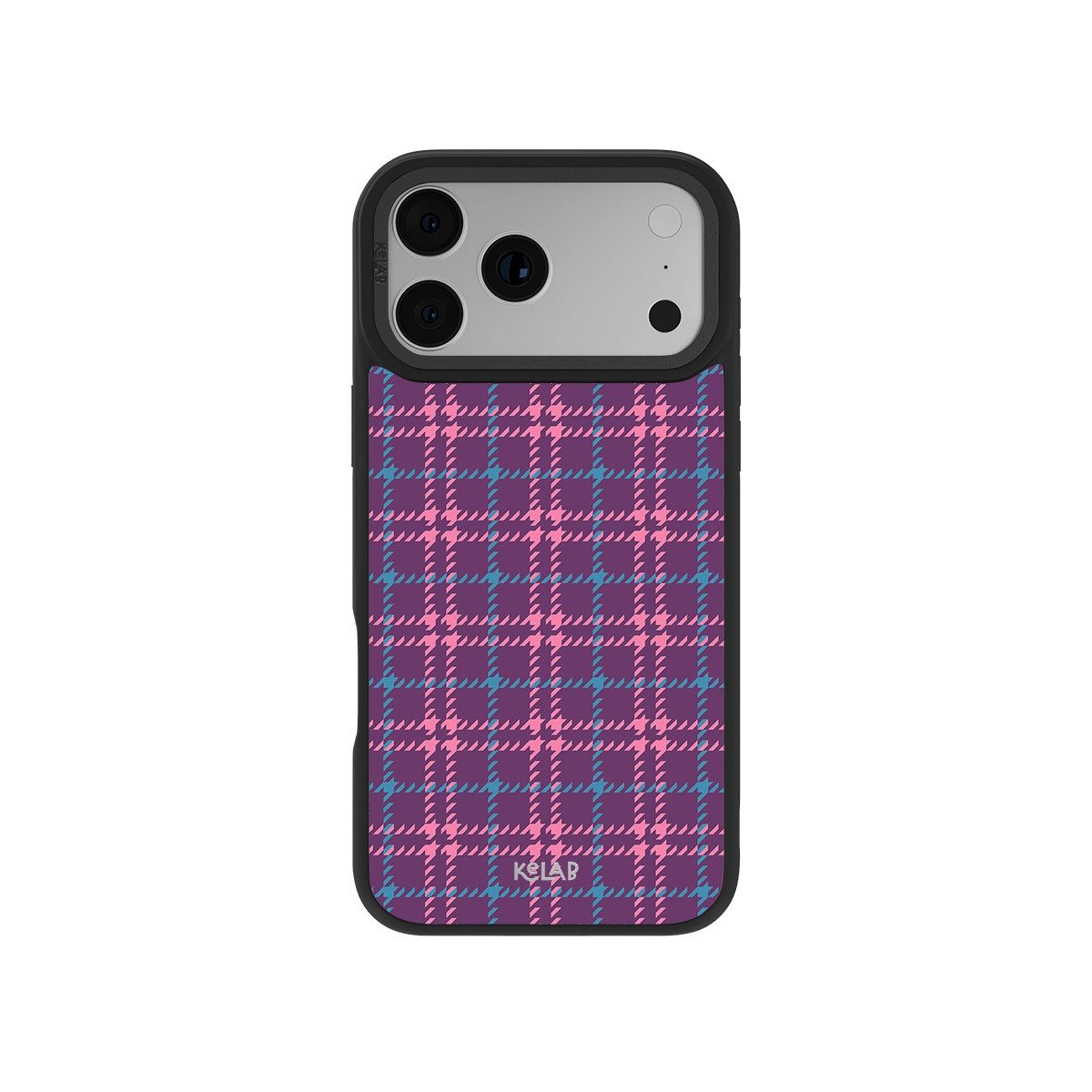 Purple plaid phone case with pink and teal tartan design, offering stylish protection for smartphones in a classic yet modern pattern.