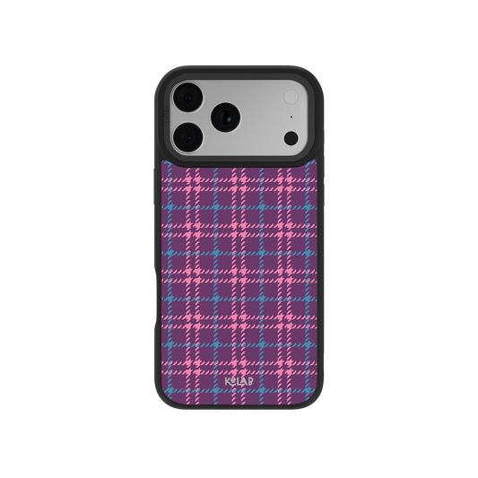 Purple plaid phone case with pink and teal tartan design, offering stylish protection for smartphones in a classic yet modern pattern.