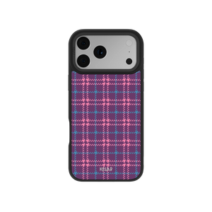 Purple plaid phone case with pink and teal tartan design, offering stylish protection for smartphones in a classic yet modern pattern.