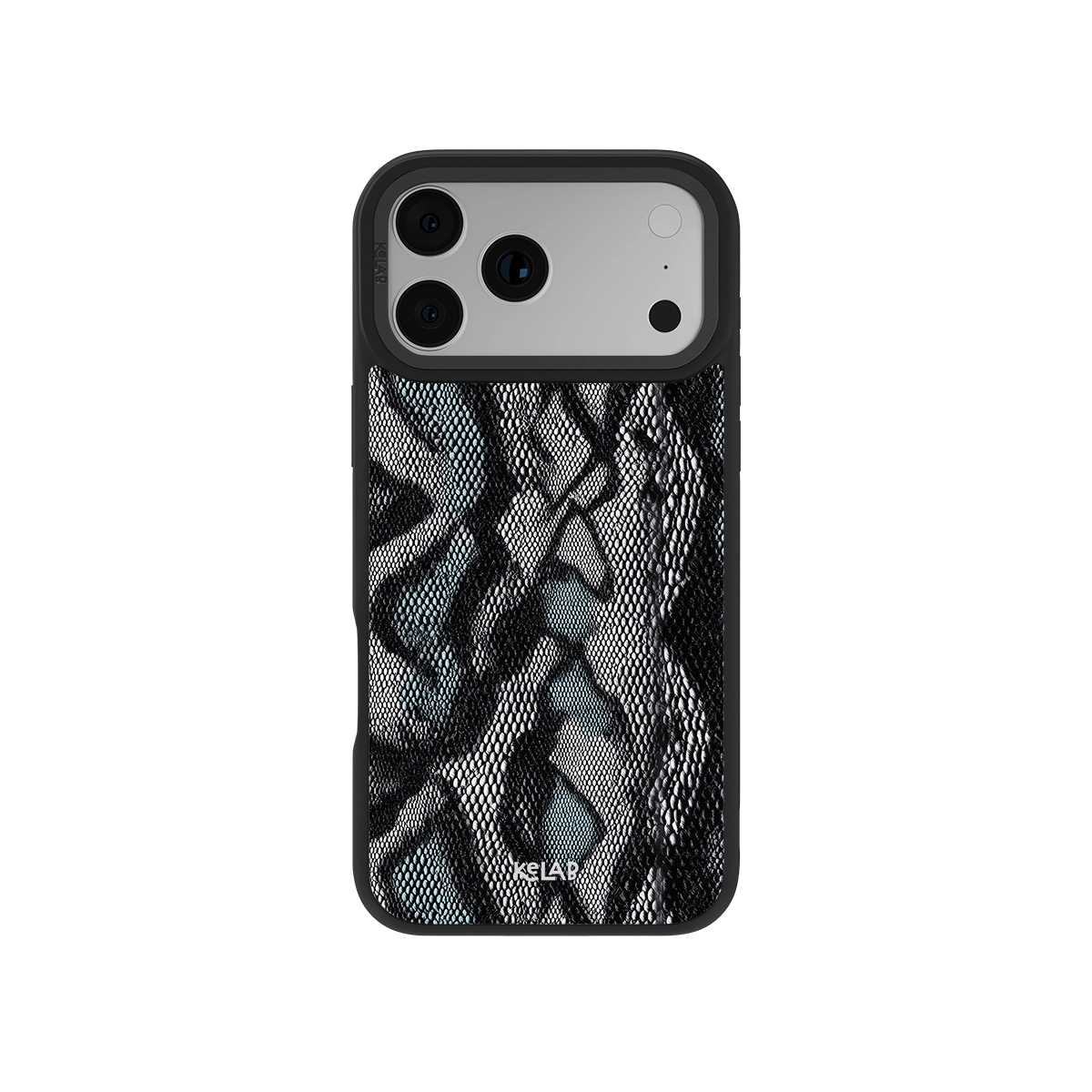 Teal snakeskin phone case with realistic reptile scale texture in charcoal and black tones. Luxury design for stylish smartphone protection.