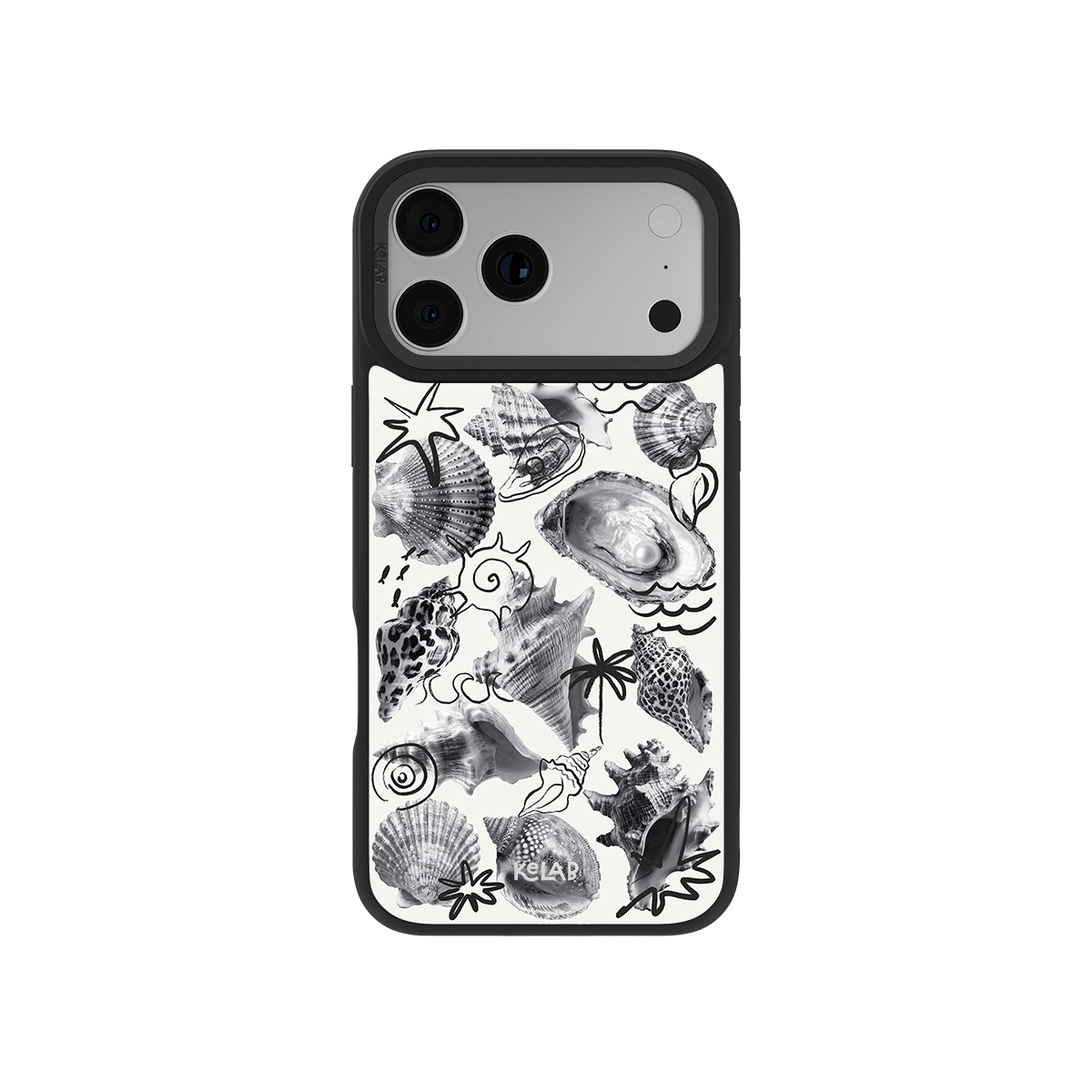 Seashell Sketch Phone Case | Black and White design featuring oysters, conch shells, and starfish in a coastal, nautical theme for iPhone models.