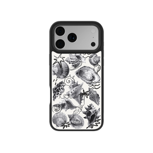 Seashell Sketch Phone Case | Black and White design featuring oysters, conch shells, and starfish in a coastal, nautical theme for iPhone models.